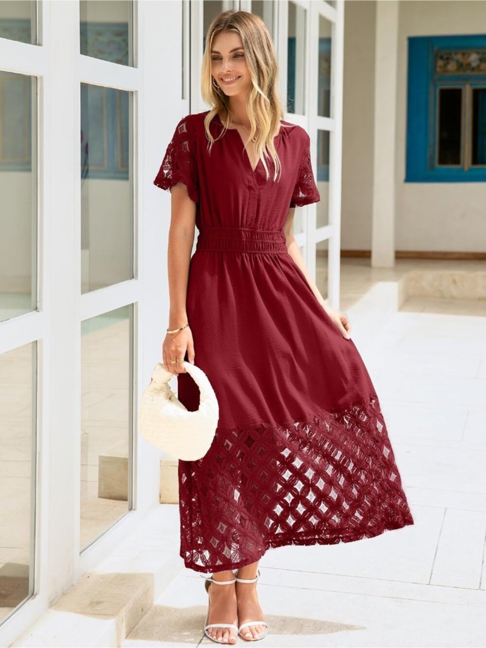 🆕 Women's Burgundy Short Sleeve V Neck Empire Waist Boho Pockets Maxi Dress - Picture 2 of 6